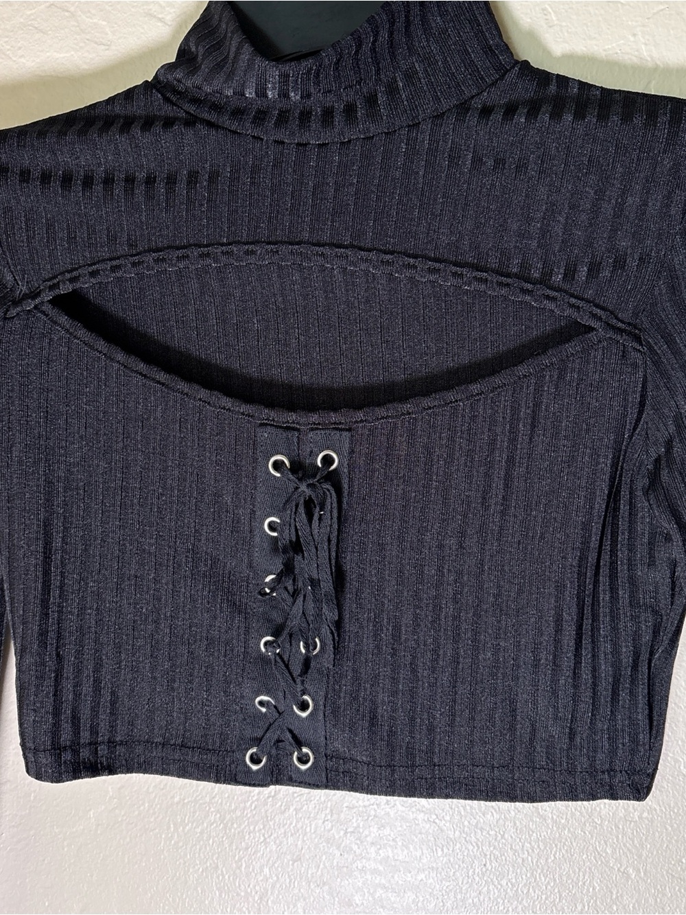 Black Ribbed Lace-Up Cutout Turtleneck Crop Top